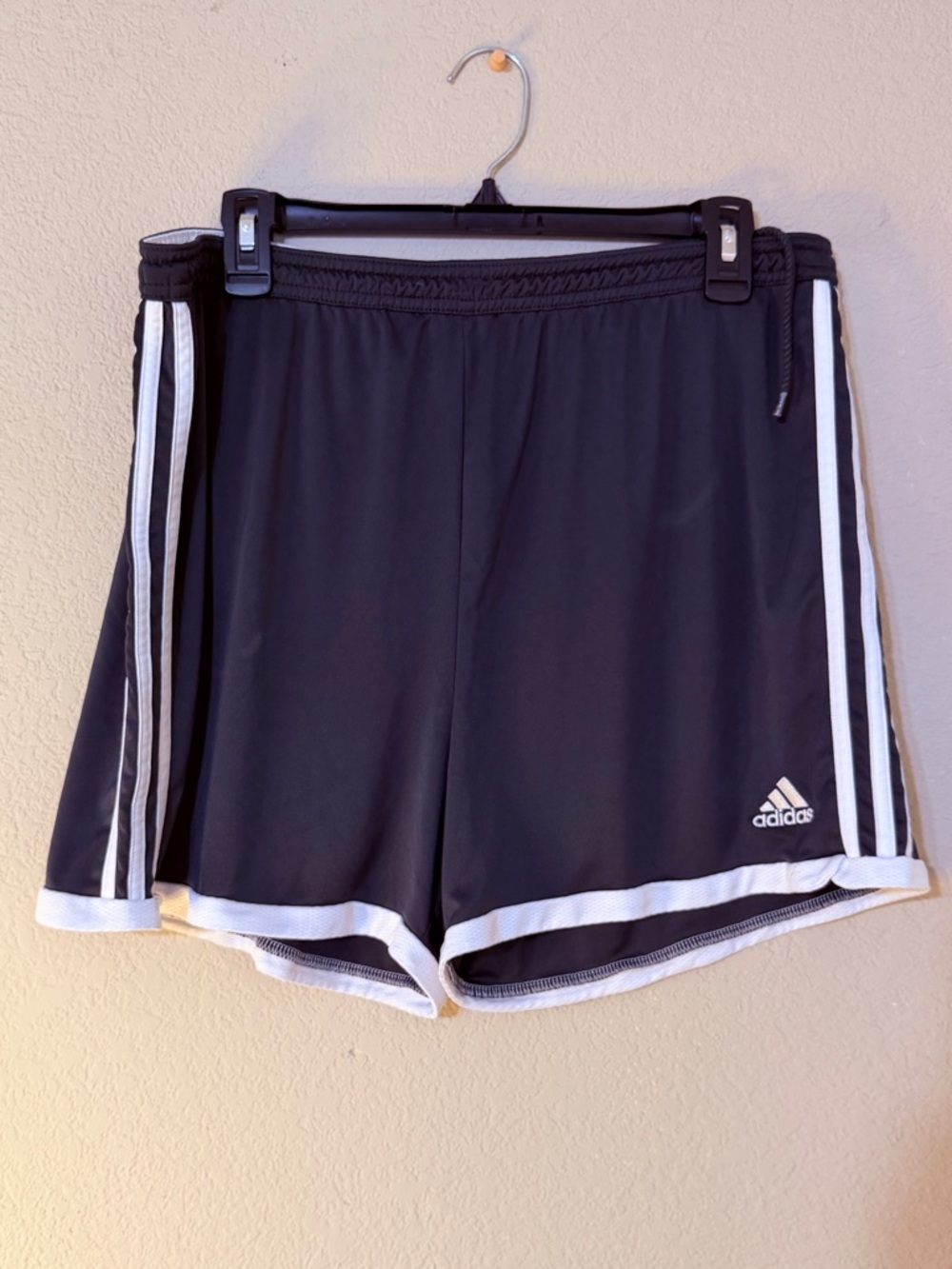 SOLD——adidas Women’s Black Athletic Shorts with White Stripes